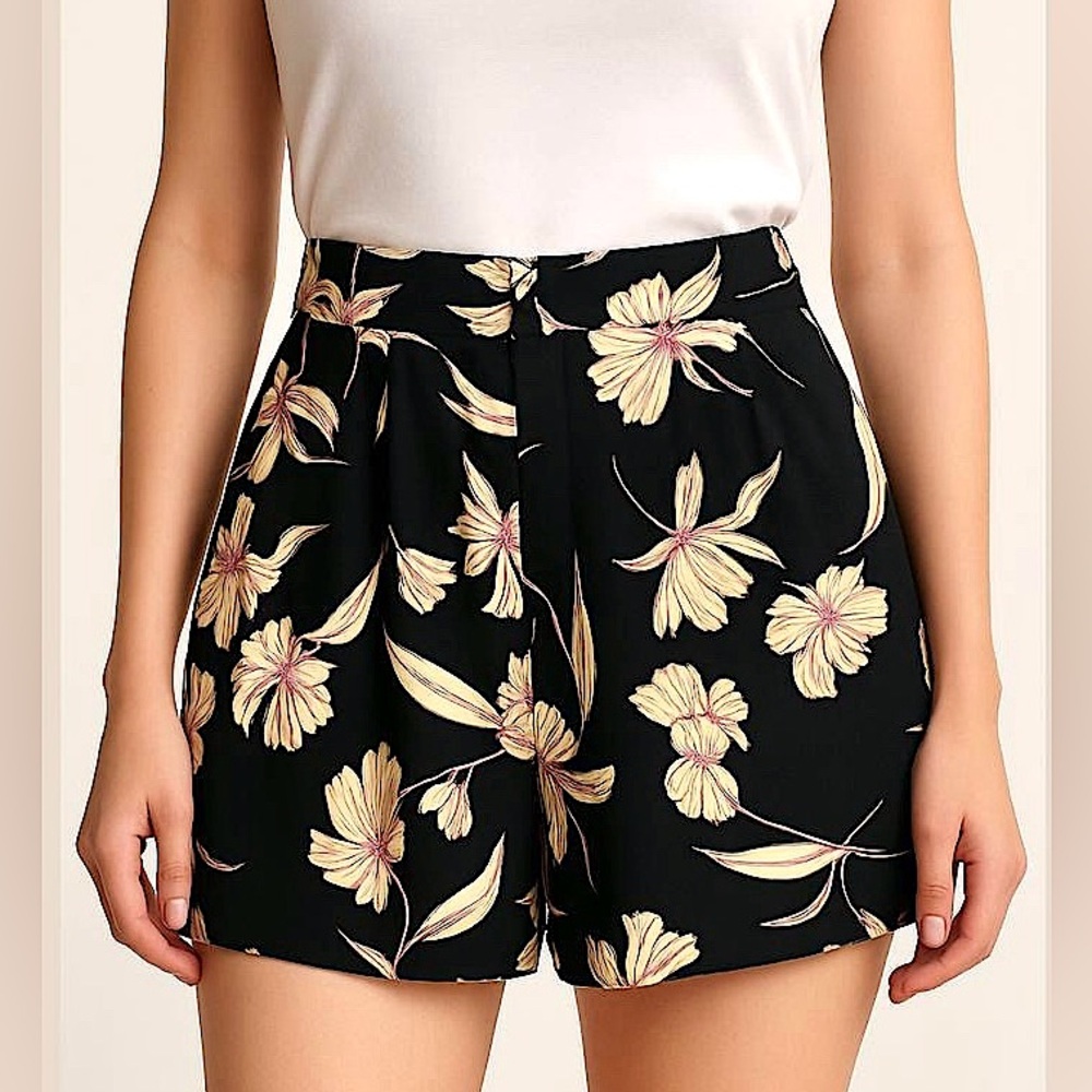 Code X Mode Black Pink Yellow Floral Pattern Pleated Casual Shorts Size Large